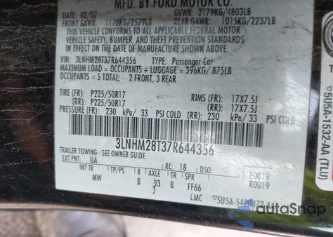 2007 Lincoln Mkz from USA, damaged, VIN 3LNHM28T37R644356